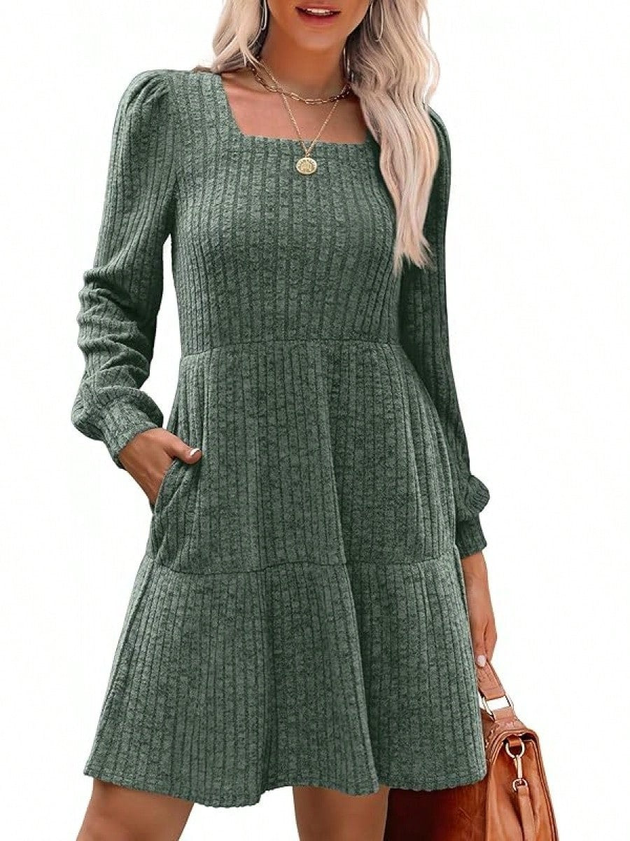 Solid Color Round Neck Knitted Dress Sweater