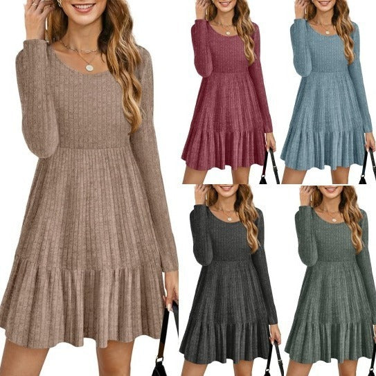 Solid Color Round Neck Knitted Dress Sweater