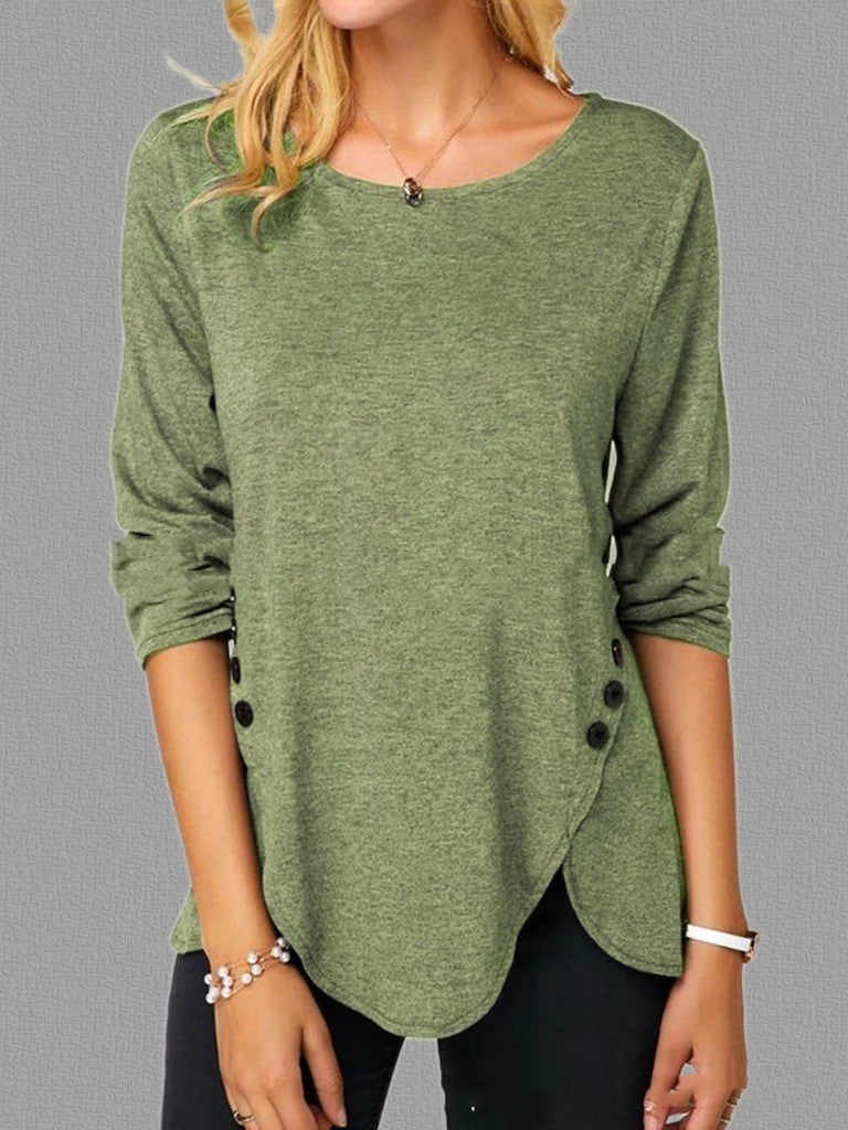 Irregular Button Hem Long Sleeved Round Neck Oversized T-shirt