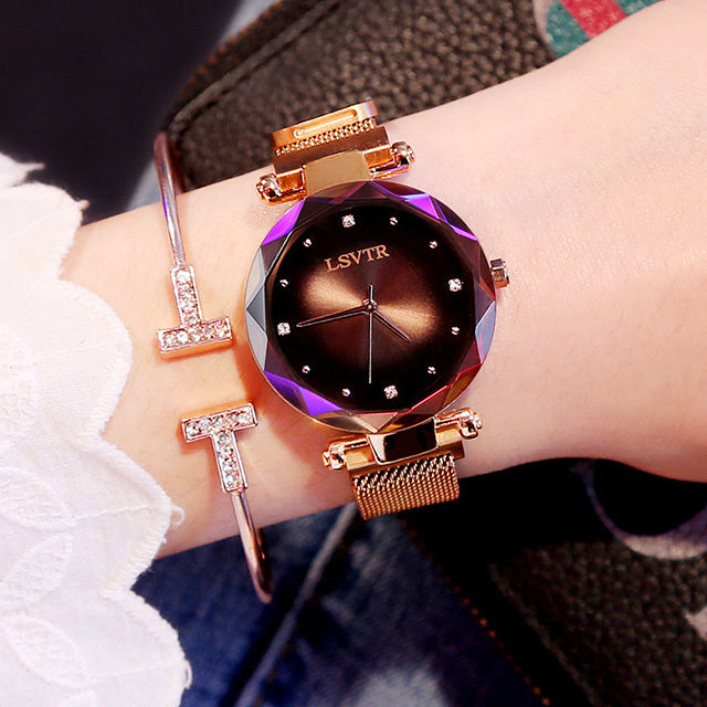 Women Watches Fashion Diamond Ladies Starry Sky Magnet Watch Waterproof