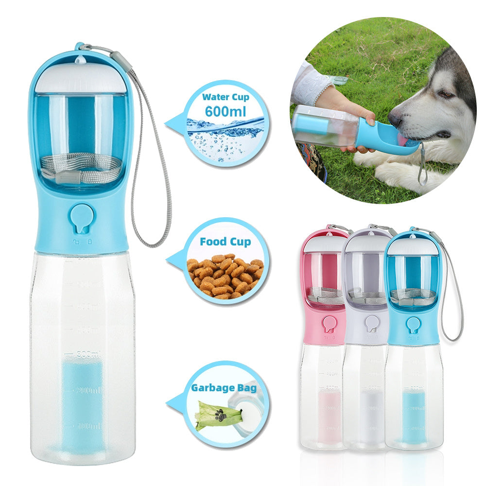 Bouteille d'eau portable pour chat et chien, distributeur de nourriture, abreuvoir, distributeur de crottes, 3 en 1, anti-fuite, multifonctionnelle, produits pour animaux de compagnie