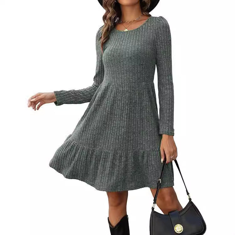 Solid Color Round Neck Knitted Dress Sweater