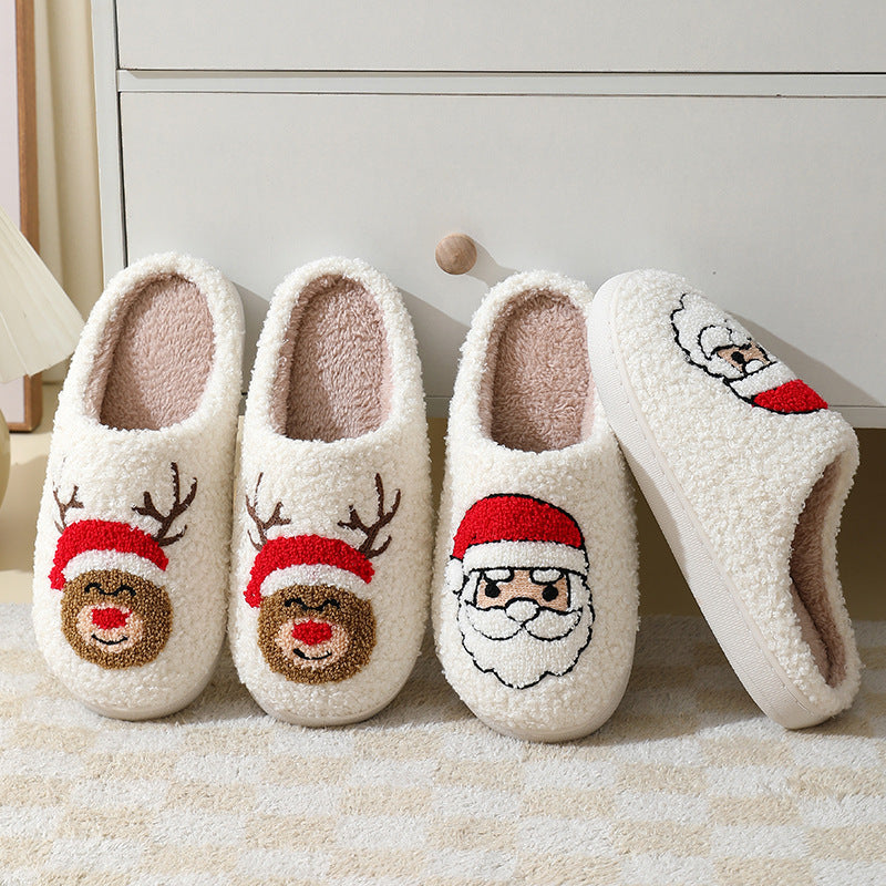 Santa Claus Cotton Slippers For Women And Men Couples / Winter Warm Furry Shoes