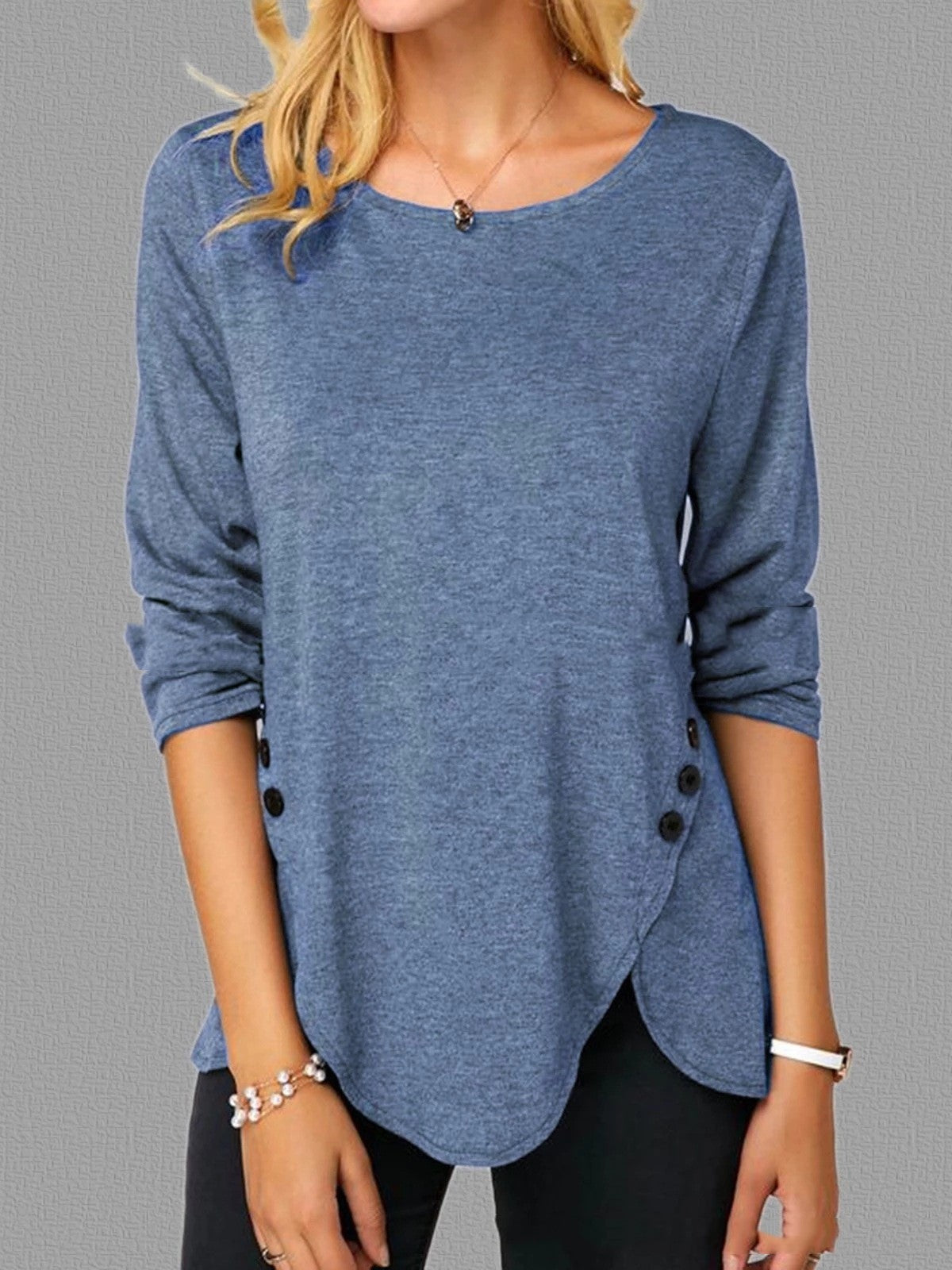 Irregular Button Hem Long Sleeved Round Neck Oversized T-shirt