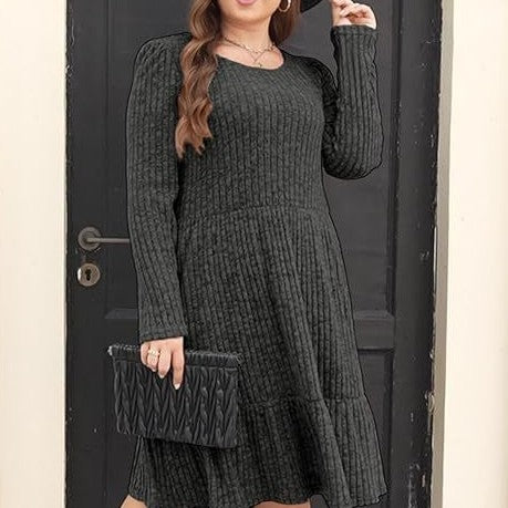 Solid Color Round Neck Knitted Dress Sweater