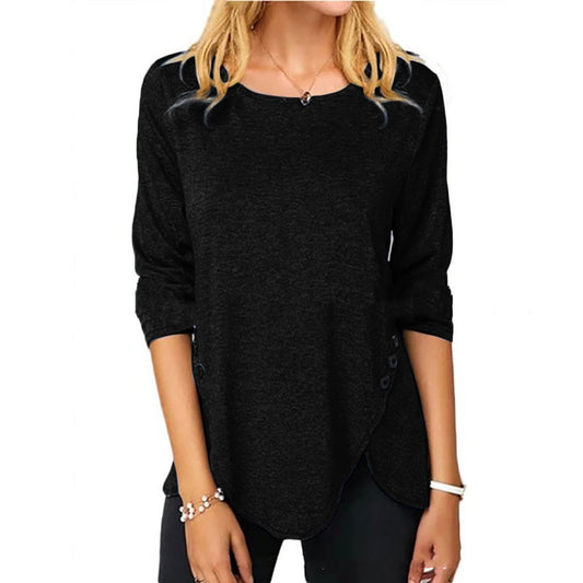 Irregular Button Hem Long Sleeved Round Neck Oversized T-shirt