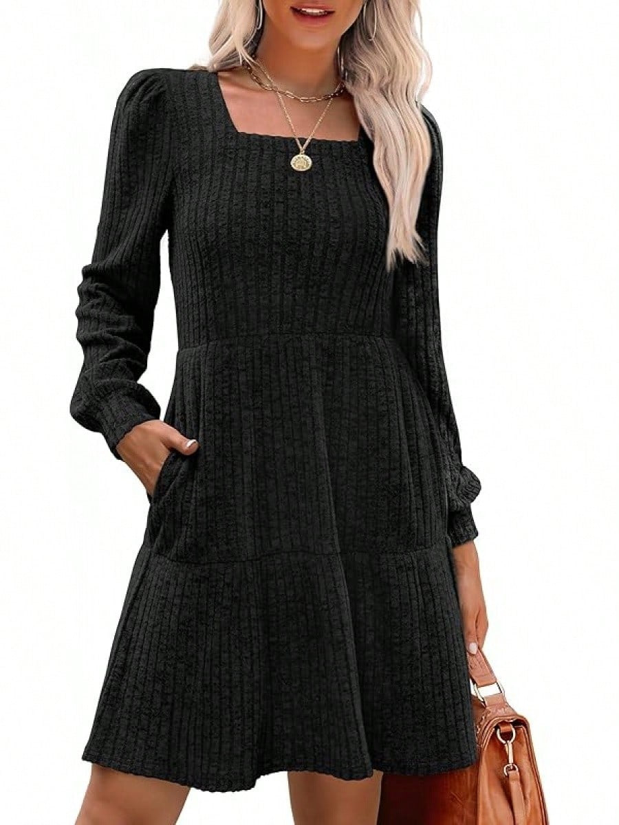 Solid Color Round Neck Knitted Dress Sweater