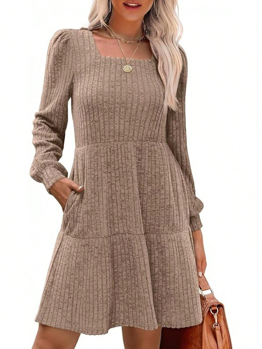 Solid Color Round Neck Knitted Dress Sweater